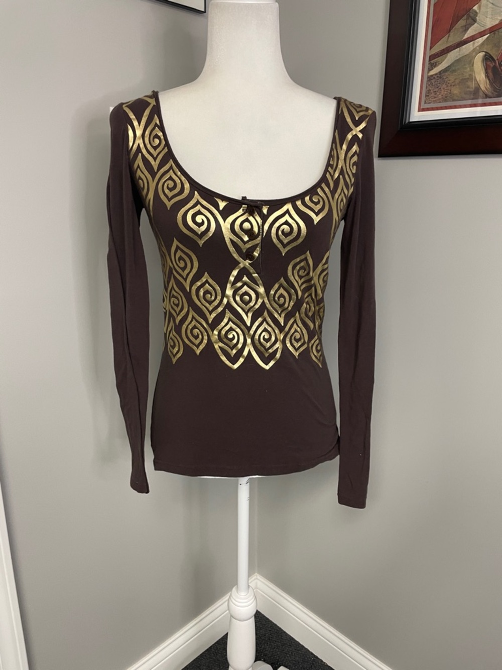 Tory Burch Brown & Gold Top Size Small long sleeve cotton spandex luxury
